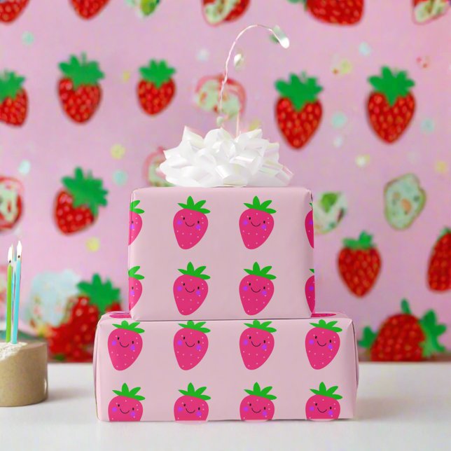 Papier Cadeau Fraises roses mignonnes Fête d'anniversaire Fille  (Créateur téléchargé)
