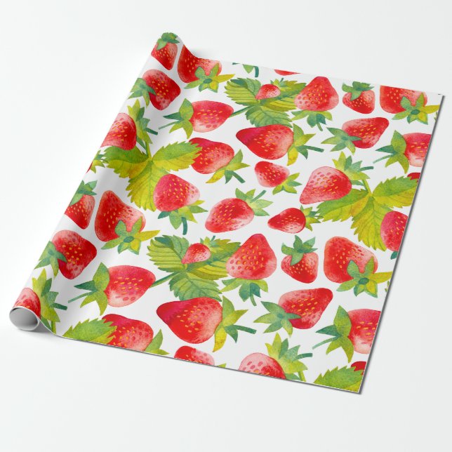 Papier Cadeau Fraises rouges aquarelle colorée  (Déroulé)