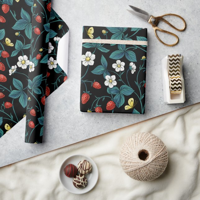 Papier Cadeau Fraises sauvages rouge/jaune/bleu/noir (Artisanat)