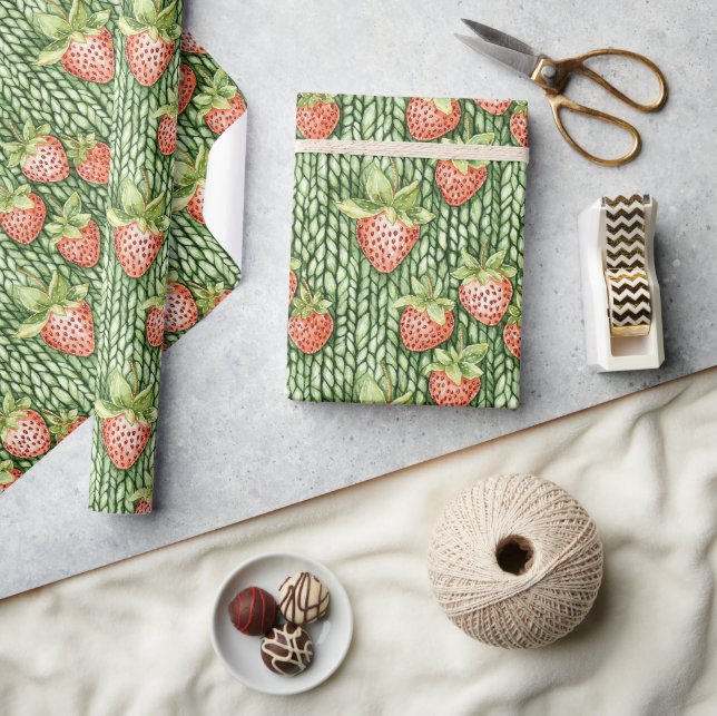 Papier Cadeau Fraises Vertes Rouges Fruit Anniversaire (Artisanat)