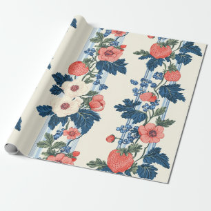 Papier Cadeau Fraises vintages et Feuilles bleus motif floral