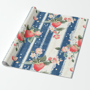 Papier Cadeau Fraises vintages et fleurs sur bandes bleues (2)