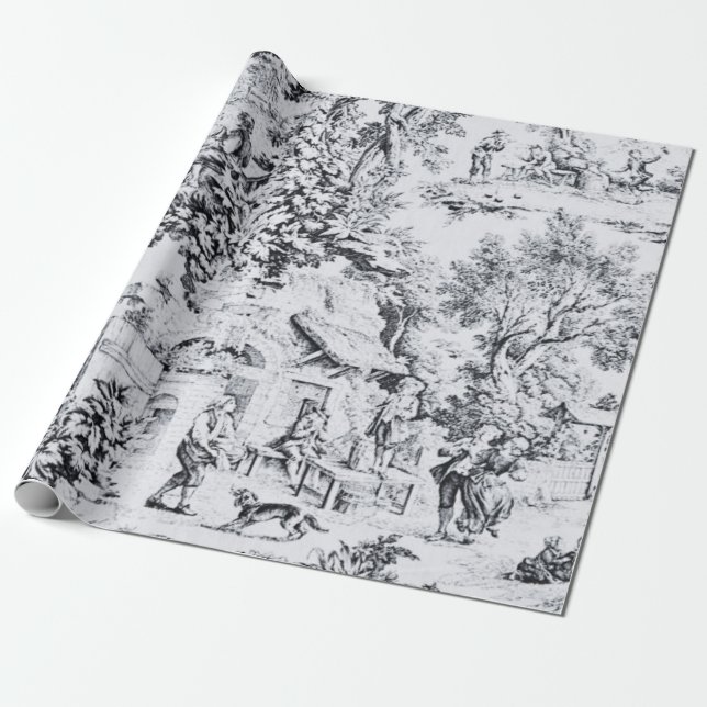 Papier Cadeau Français Black White Toile Rustique Style Découpag (Déroulé)