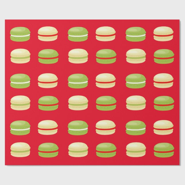 Papier Cadeau Français rouge Macarons de Noël vert et blanc (Plat)