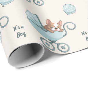 Papier Cadeau French Bulldog en Poussette Fête Bébé Garçon