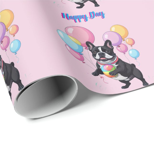 Papier Cadeau French Bulldog Happy Day Französische Bulldogge  (Coin rond)