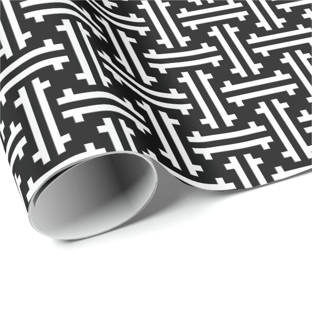 Papier Cadeau Fret chinois Art déco, noir et blanc (Coin rond)