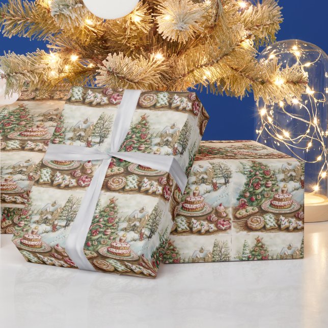 Papier Cadeau Friandises et biscuits de Noël, sapin de Noël (Vacances)