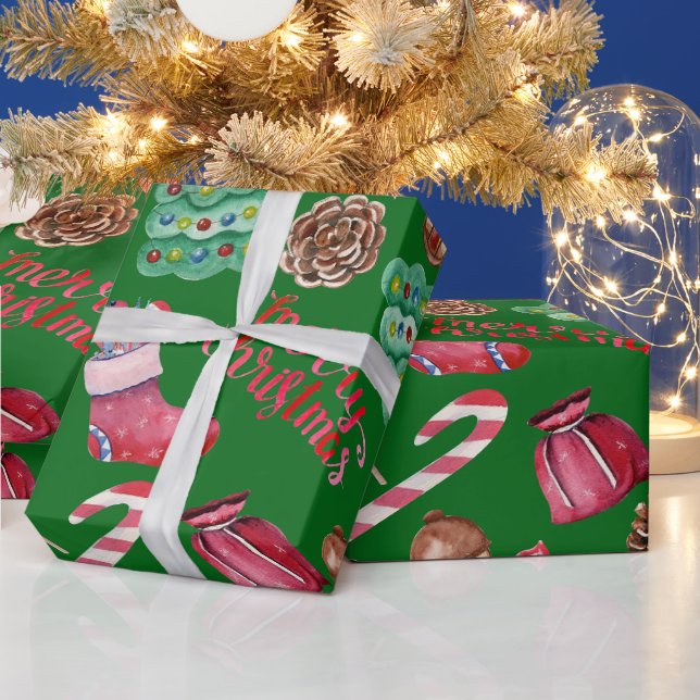 Papier Cadeau Friandises et décorations de Noël vertes  (Vacances)