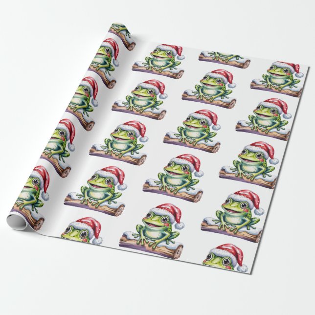 Papier Cadeau Frog à la mode Santa Hat Noël (Déroulé)