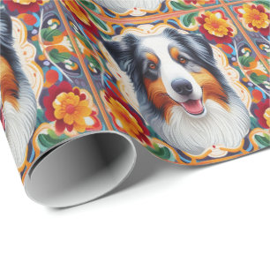 Papier Cadeau Frontière colorée fleurie du chien berger australi