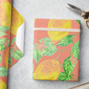 Papier Cadeau Fruit citron motif jaune et pêche rose