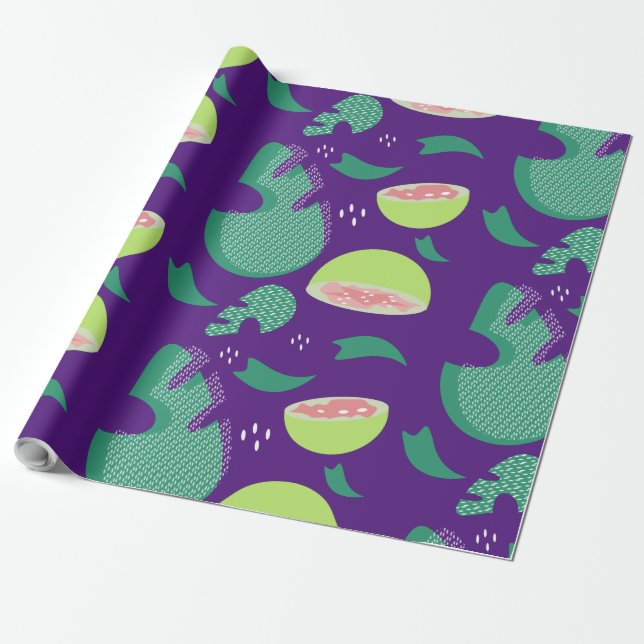 Papier Cadeau Fruit de goyave tropical et verdure rose violet (Déroulé)