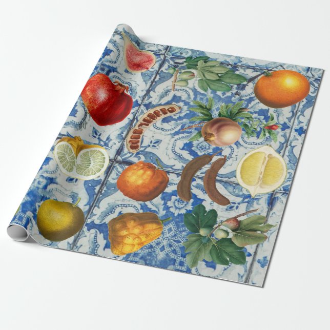 Papier Cadeau Fruit d'été méditerranéen & Mosaïque Bleue Blanc (Déroulé)