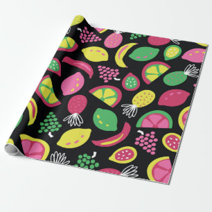 Papier Cadeau Fruit transparent vintage motif noir vert jaune 