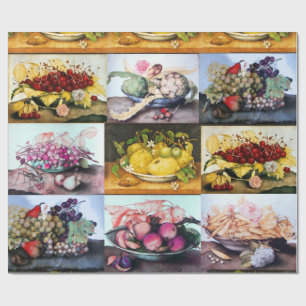 PAPIER CADEAU FRUITS DE SAISON, LÉMONS, CHERRIES, RAISONS, PÉCHE