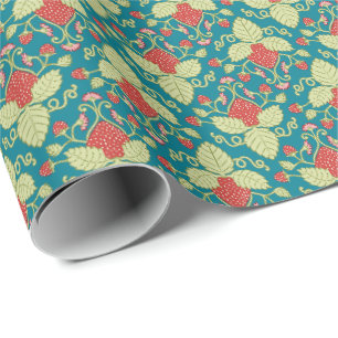 Papier Cadeau Fruits fraises rouges, fleurs et coureurs