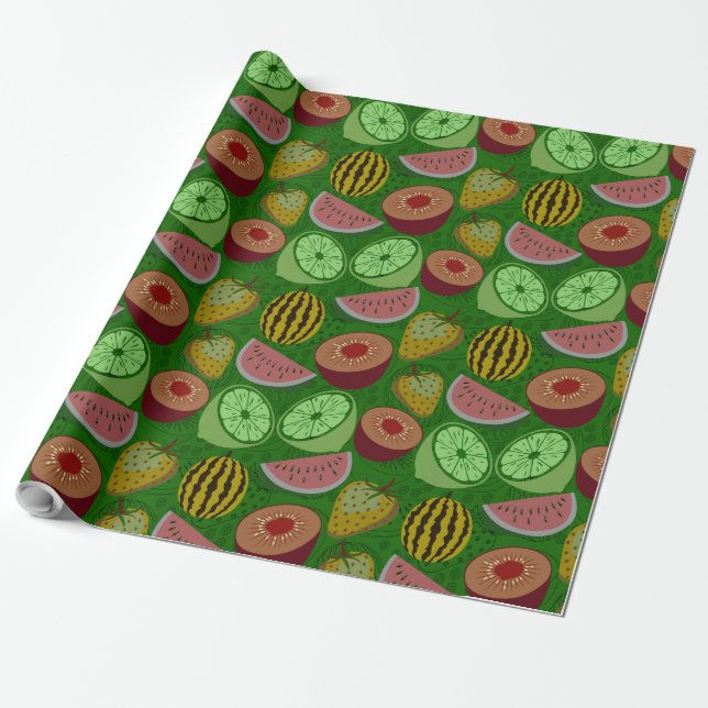 Papier Cadeau Fruits tropicaux motifs et vert arrière - plan (Déroulé)