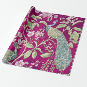 Papier Cadeau Fuchsia Chinoiserie paon découpage floral