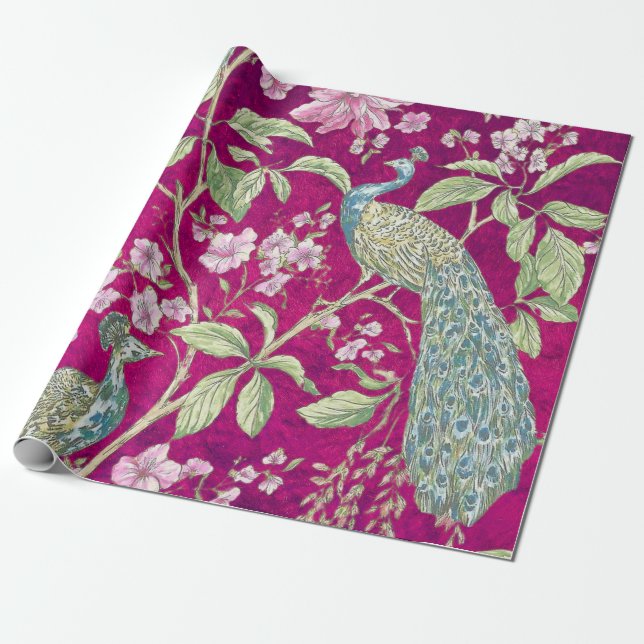 Papier Cadeau Fuchsia Chinoiserie paon découpage floral (Déroulé)