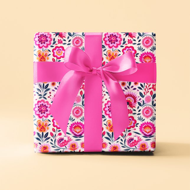 Papier Cadeau Fuchsia Fleurs mexicaines Motif Vibrant (Créateur téléchargé)