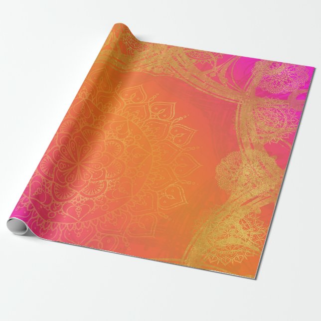 Papier Cadeau Fuchsia Rose Orange & Or Fête Indienne Mandala (Déroulé)