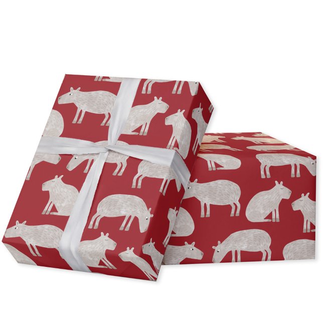 Papier Cadeau Fun Capybara Rouge Noël (Fun capybara red pattern Christmas gift wrap for the winter holidays.)