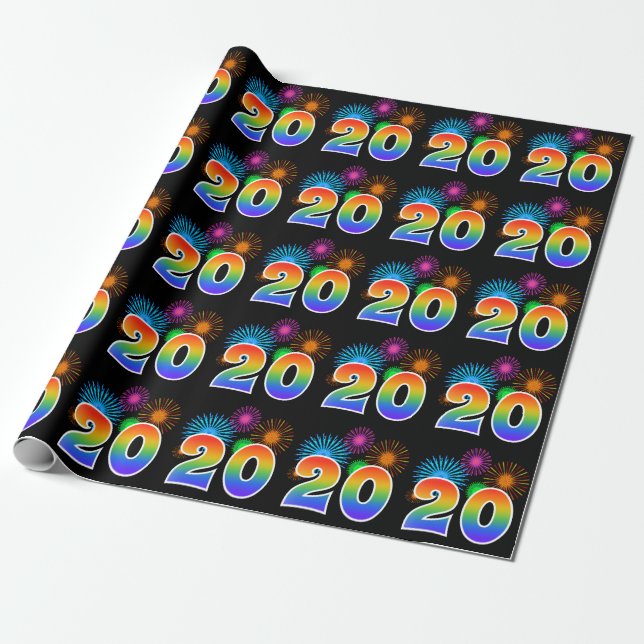 Papier Cadeau Fun Fireworks + Rainbow Motif "20" Numéro de l'évé (Déroulé)