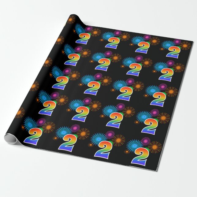 Papier Cadeau Fun Fireworks + Rainbow Motif "2" Numéro d'événeme (Déroulé)