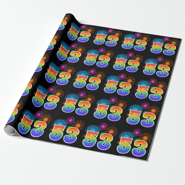 Papier Cadeau Fun Fireworks + Rainbow Motif "53" Numéro d'événem (Déroulé)