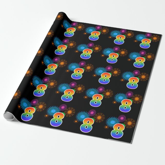 Papier Cadeau Fun Fireworks + Rainbow Motif "8" Numéro d'événeme (Déroulé)