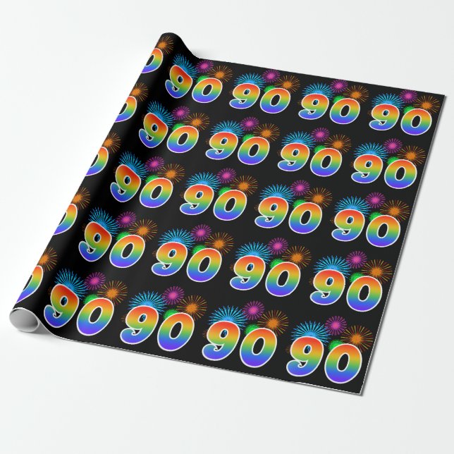 Papier Cadeau Fun Fireworks + Rainbow Motif "90" Numéro de l'évé (Déroulé)