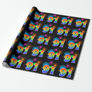 Papier Cadeau Fun Fireworks + Rainbow Motif "91" Numéro d'événem