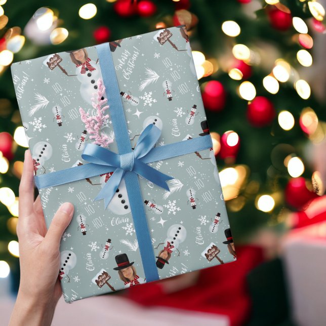 Papier Cadeau Fun joyeux Noël illustration photo bonhomme de nei (Fun merry Christmas illustration photo snowman Wrapping Paper on ice blue)