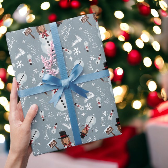 Papier Cadeau Fun joyeux Noël illustration photo bonhomme de nei (Fun merry Christmas illustration photo snowman Wrapping Paper on blue)