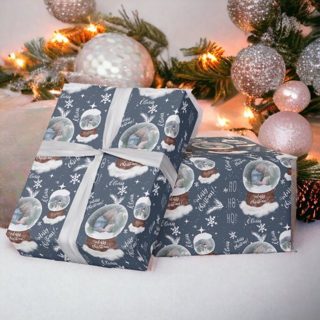 Papier Cadeau Fun joyeux Noël illustration photo snowglobe (Fun merry Christmas illustration photo snowglobe Wrapping Paper blue)