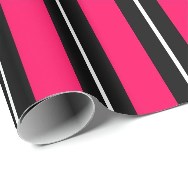 Papier Cadeau Fun & Moderne Rayures Rose Chaud, Noir & Blanc (Coin rond)