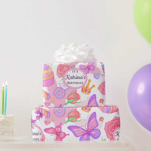 Papier Cadeau Fun Papillon rose, Cupcake, Motif de bonbons (Cadeaux de fête)