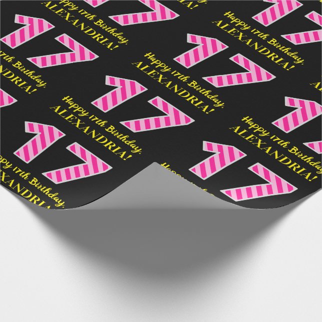 Papier Cadeau Fun Pink Stripes "17"; Joyeux 17e anniversaire; No (Coin)