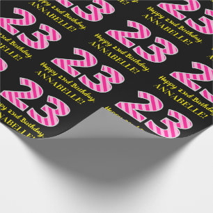 Papier Cadeau Fun Pink Stripes "23"; Joyeux 23ème anniversaire; 