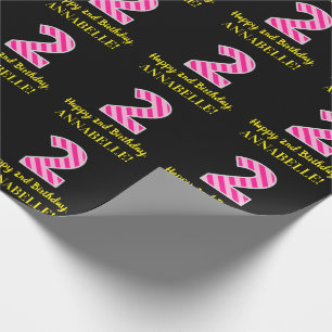 Papier Cadeau Fun Pink Stripes "2"; Joyeux 2e anniversaire; Nom