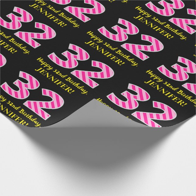 Papier Cadeau Fun Pink Stripes "32"; Joyeux 32e anniversaire; No (Coin)
