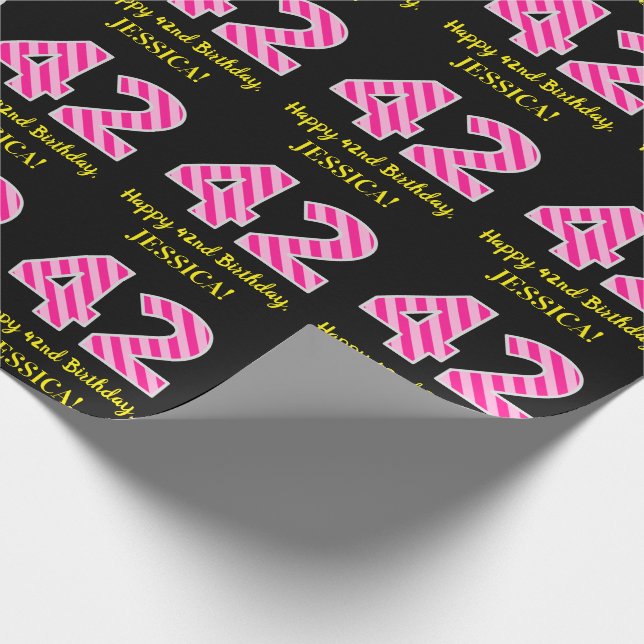Papier Cadeau Fun Pink Stripes "42"; Joyeux 42e anniversaire; No (Coin)