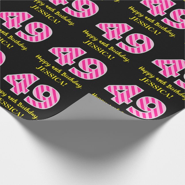 Papier Cadeau Fun Pink Stripes "49"; Joyeux 49e anniversaire; No (Coin)