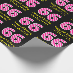 Papier Cadeau Fun Pink Stripes "66"; Joyeux 66e anniversaire; No