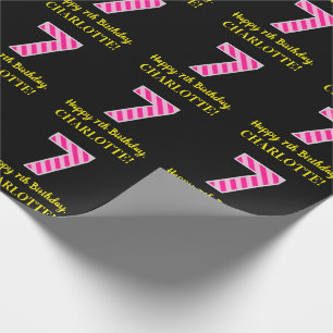 Papier Cadeau Fun Pink Stripes "7"; Joyeux 7e anniversaire; Nom