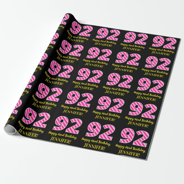 Papier Cadeau Fun Pink Stripes "92"; Joyeux 92e anniversaire; No (Déroulé)