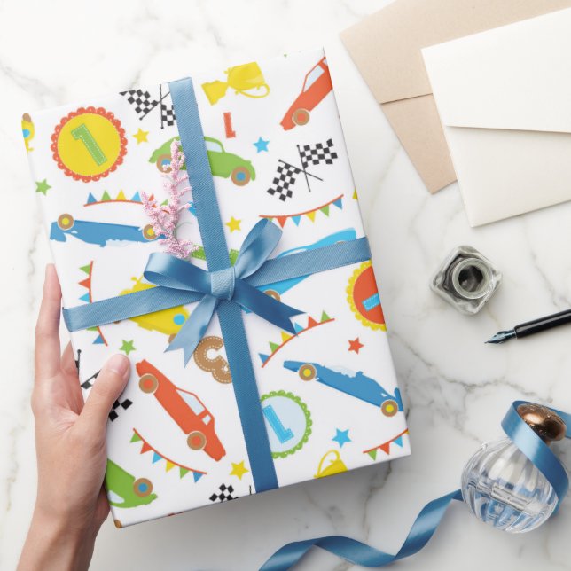 Papier Cadeau Fun Race voiture motif garçons fête emballage papi (Cadeaux)