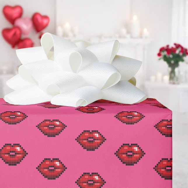 Papier Cadeau Fun Red Lips Valentine's Day Pixel Art Pattern (Créateur téléchargé)