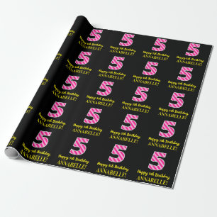 Papier Cadeau Fun Rose Stripes "5"; Joyeux 5e anniversaire; Nom